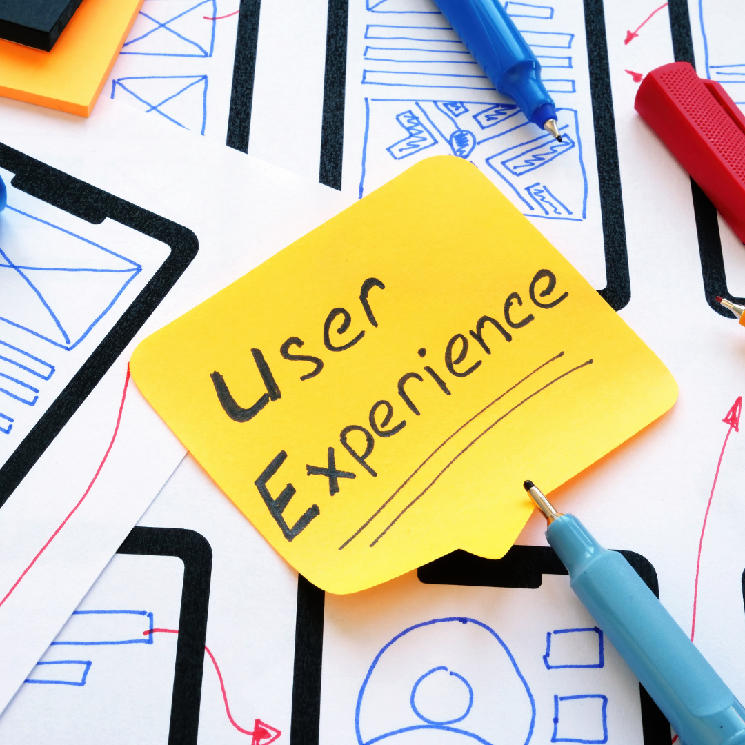 Illustration of a user interacting with a mobile app, surrounded by icons representing intuitive navigation, accessibility, and responsive design, highlighting the importance of delivering an exceptional user experience (UX).