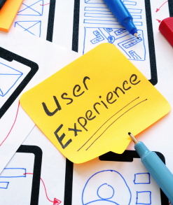 Illustration of a user interacting with a mobile app, surrounded by icons representing intuitive navigation, accessibility, and responsive design, highlighting the importance of delivering an exceptional user experience (UX).