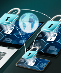 Illustration of a mobile app shielded by a digital lock, surrounded by icons representing data encryption, authentication, and secure coding practices, emphasizing the importance of security in app development.