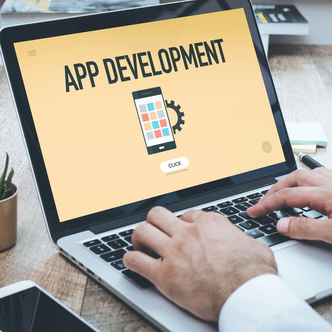 Professional team working on mobile app designs and coding, with visuals of smartphones, app interfaces, and collaboration tools, symbolizing expertise and innovation in mobile app development.