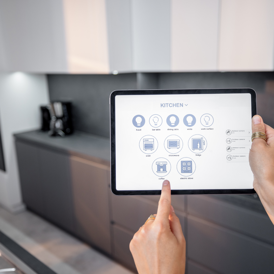 "Smart kitchen setup featuring AI-powered appliances like a refrigerator and oven, automating cooking and enhancing convenience."